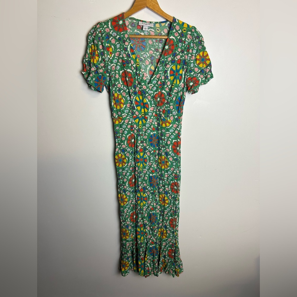 RHODE Green Floral Midi Dress with Red, Yellow & Blue Accents